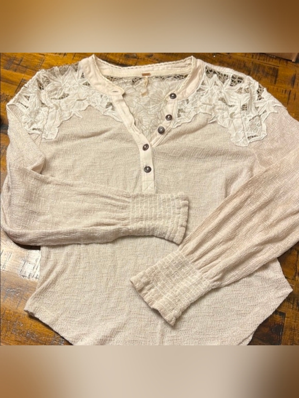 Free People We The Free Ivory Crochet Lace Yoke Thermal Henley Top Size S - Picture 2 of 6